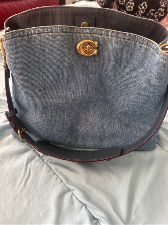 Coach Handbags - Coach Denim Shoulder Bag with Gold Hardware and Dark Brown Strap